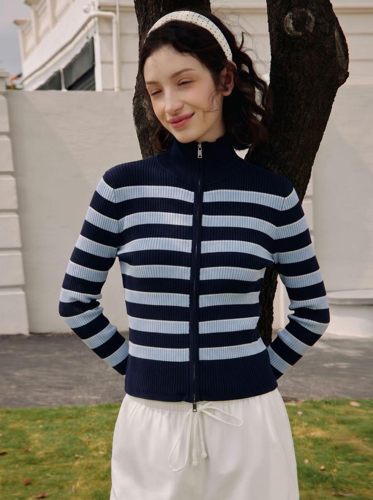 Women's High-Neck Striped Wool Cardigan: Slimming Zipper Sweater for Autumn & Winter, Premium Quality.