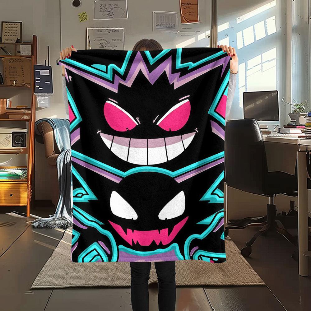 Black Gengar Printed Flannel Blanket, soft throw for bedroom sofa, washable, Christmas present, great gift.