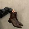 Shoes Pointed High-heeled Short Boots Women's Shoes New Spring and Autumn Single Boots Brown Thin Martin Boots
