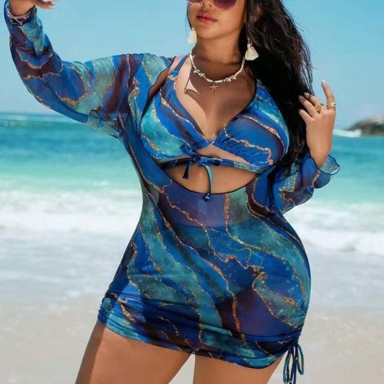 2026 New Plus Size Women Printed Bikini Three Piece Set Fashion Split Printed Swimwear Ladies Beach Bathing Suit