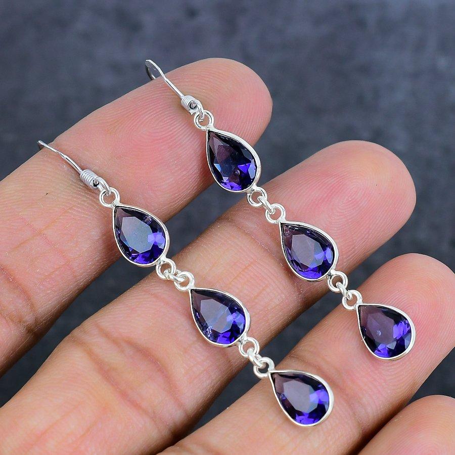 Аметист Драгоценный камень Ручная работа 925 Стерлинговое серебро Ювелирное изделие Серьга 2.44" y5e52