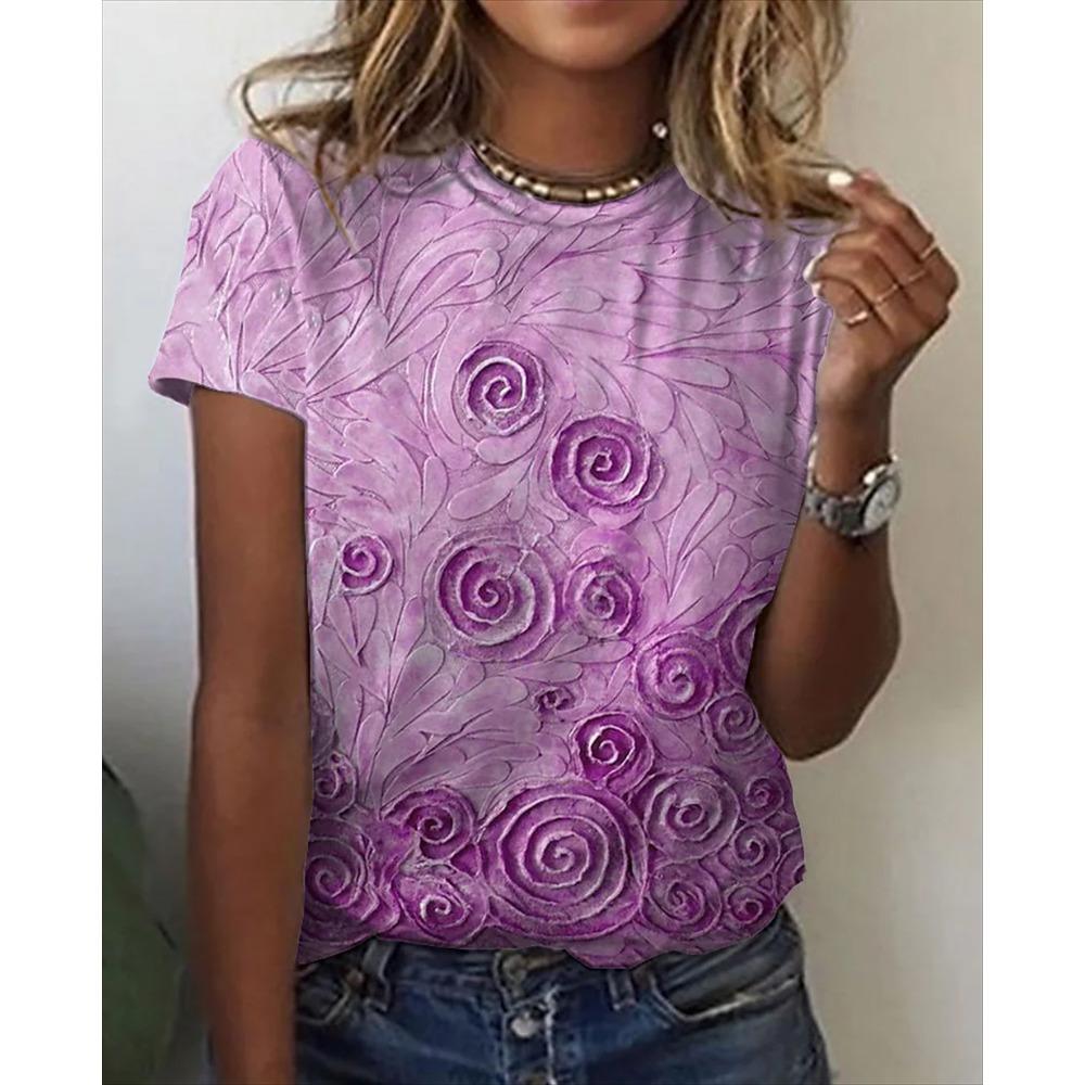 Женская футболка, летние модные топы с короткими рукавами, повседневная футболка с круглым вырезом и 3D цветочным принтом для женщин, одежда Y2k, футболки больших размеров