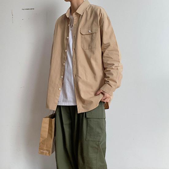 Мужская весенняя рубашка, свободный однобортный свободный отложной воротник с карманами, однотонный кардиган средней длины, повседневный мягкий дышащий мужской топ