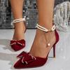Fashion Women Sex Sandals 2025 Red Wedding High Heels Shoes Female Shallow Mouth Bow Pearl One Two Wear Bride Shoes Sandalias De Mujer