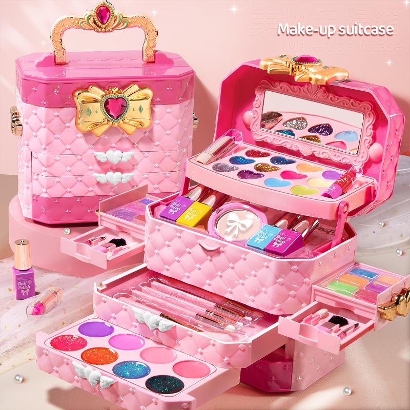 Girl Makeup Suitcase Kit Non-Toxic Lipstict Kids Simulation Cosmetics Nail Polish Beauty Fashion Toy For 6 Years Children Gifts