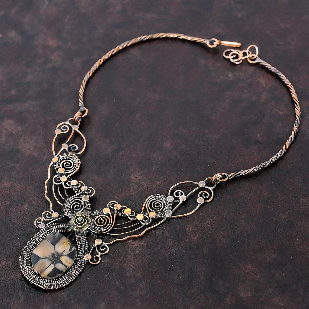 Ожерелье с хиастолитом, обернутое медной проволокой, ожерелье высшего качества, ювелирные изделия из драгоценных камней, регулируемое ожерелье ручной работы, ювелирное изделие из медной проволоки, подарок для нее