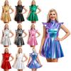 Women's Halloween Party Dress - Shiny Metallic A-line with Mock Neck & Cap Sleeves Fashion Bar Club Wear