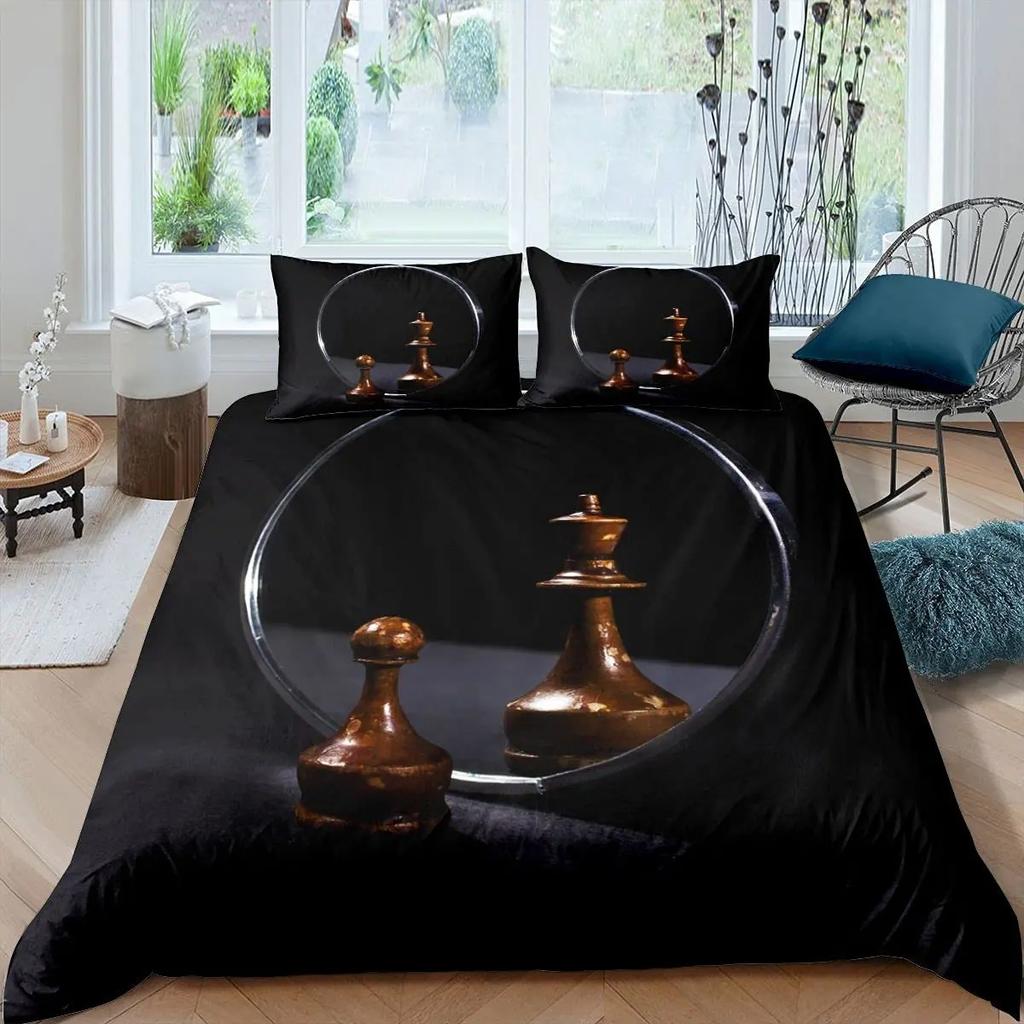 International Chess Duvet Cover Set Queen Size Chess Lovers Постельное белье для детей и взрослых Микрофибра Черная основа 23 шт Пододеяльник