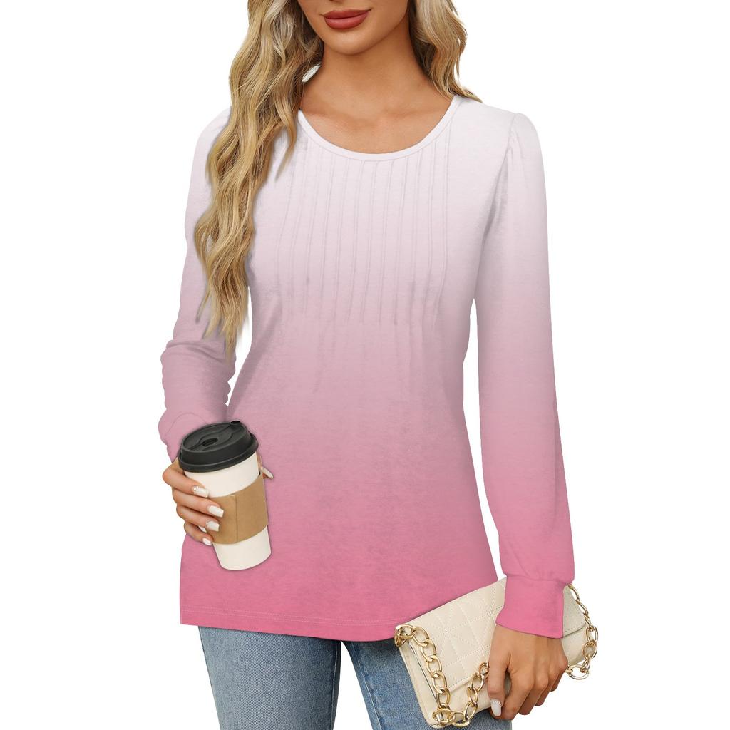 Женская повседневная плиссированная футболка с круглым вырезом и длинными рукавами с градиентным принтом