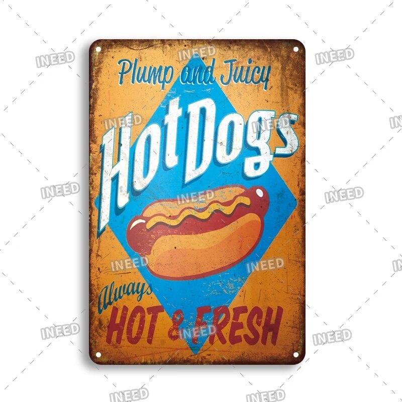 Tin Sign FastFood Pizza Hot Dog Hamburgers Ice Cream Fries Pop Corn Metal Vintage Plaque Metal Retro Plate Kitchen Wall Decor