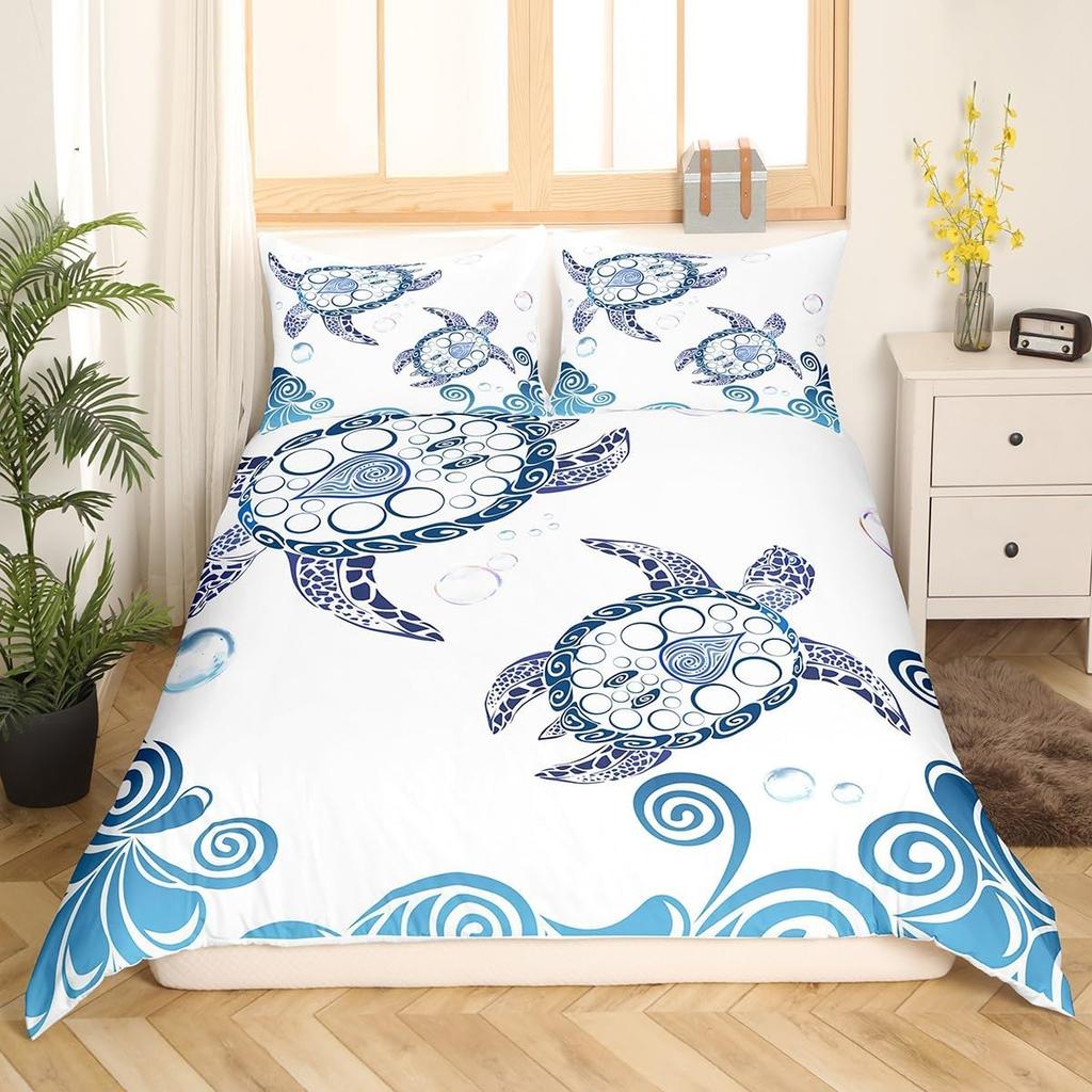 Kids Sea Turtle Duvet Cover Set Queen King Size Ocean Bedding Set Boys Girls Teens Women Men Bedroom Decor 3 Piece Set
