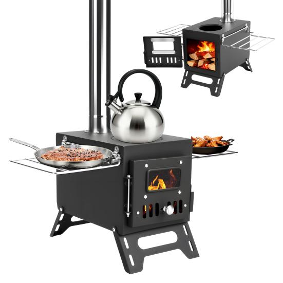 Wood Burning Stove with 5 Pipes Accessories, Large Firebox Heating Cooking Hot Tent Stove, Portable Stainless Steel Stove for Outdoor, Camping,