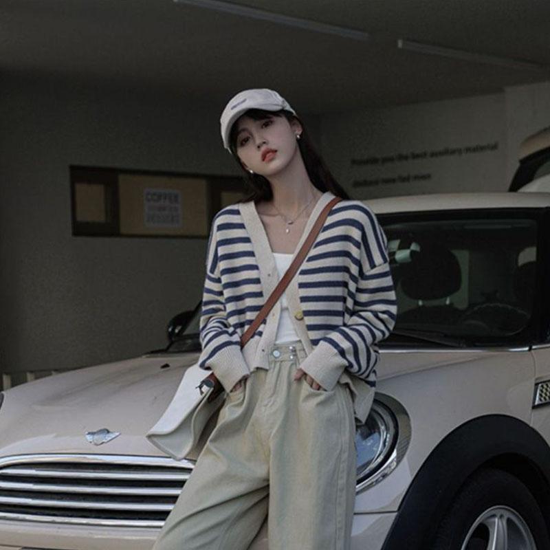 Полосатый вязаный кардиган, женский топ, осень 2023, новый маленький ароматный свободный короткий дизайн, свитер, кардиган, женское пальто