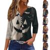 Women's Fashion Button-Up V-Neck Three-Quarter Sleeve Halloween Print Top