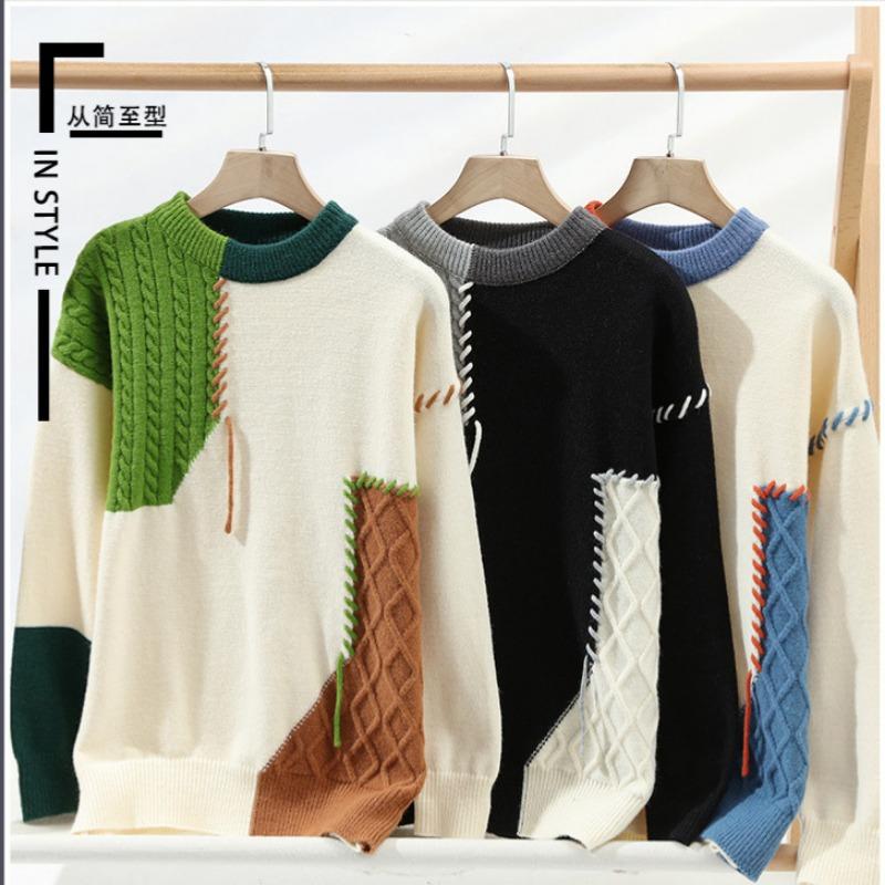 Loose Fit Japanese Style Color Block Thick Knit Sweater Unisex