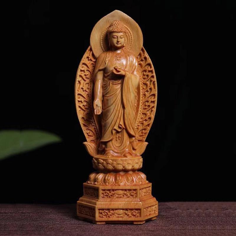 Boxwood Carving The Three Saints of the West Buddha Statue of Tathagata Guanyin Home Buddha Hall Worship Wooden Crafts Gift