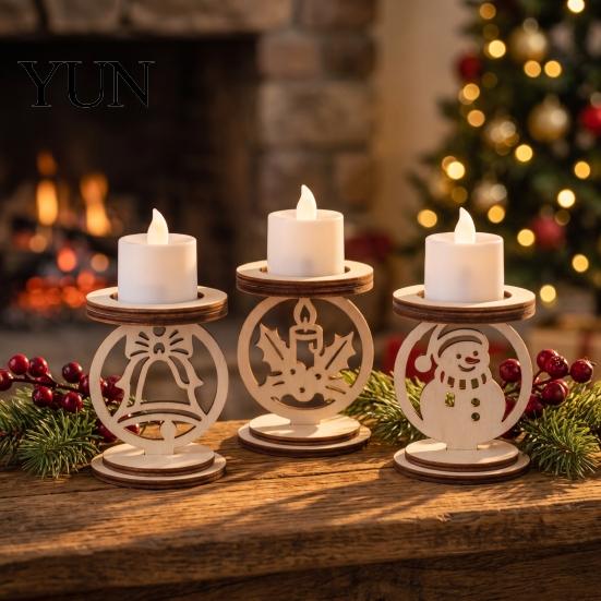 Rustic Christmas Candle Base 3Pcs Wooden Holder, Detachable Tealight Stand with Hollow Festive Living Room Accents Carved Snowman/Bell/Candle