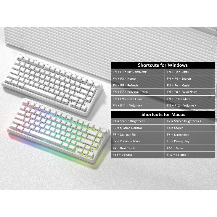 Womier L75 White Crystal Wireless Gaming Keyboard Tri-Modes Hot-Swappable Customized RGB Backlight Mechanical Keyboard Gasket