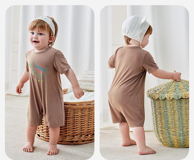 Mini Balabala baby jumpsuit cute dinosaur home climbing suit breathable skin friendly Modal 2026 summer outfit