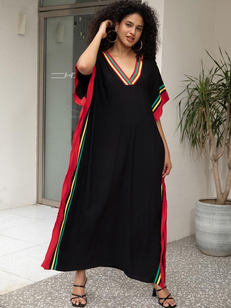 Printed Edolynsa Kaftan Black Relaxed Womens Robe Kaftan Outfit Vacation Boho Swimsuit coverup Caftan Homewear House dress Q1615