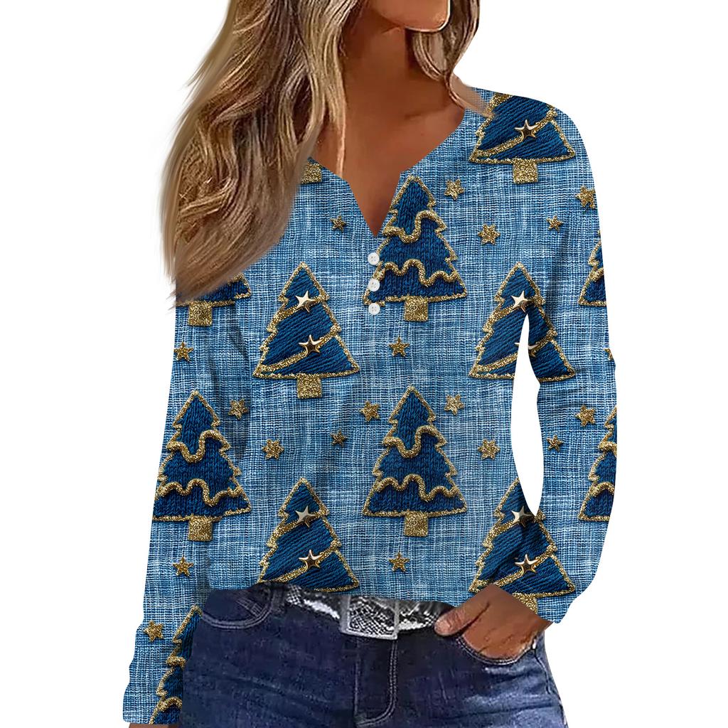 Women's Fashion Casual V-Neck Button-Up Long-Sleeve T-Shirt With Christmas Print Top