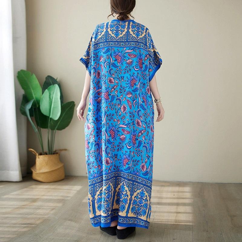 Short Sleeve Plus Size Cotton Satin Vintage Floral New In Dresses for Women Casual Loose Long Summer Dress