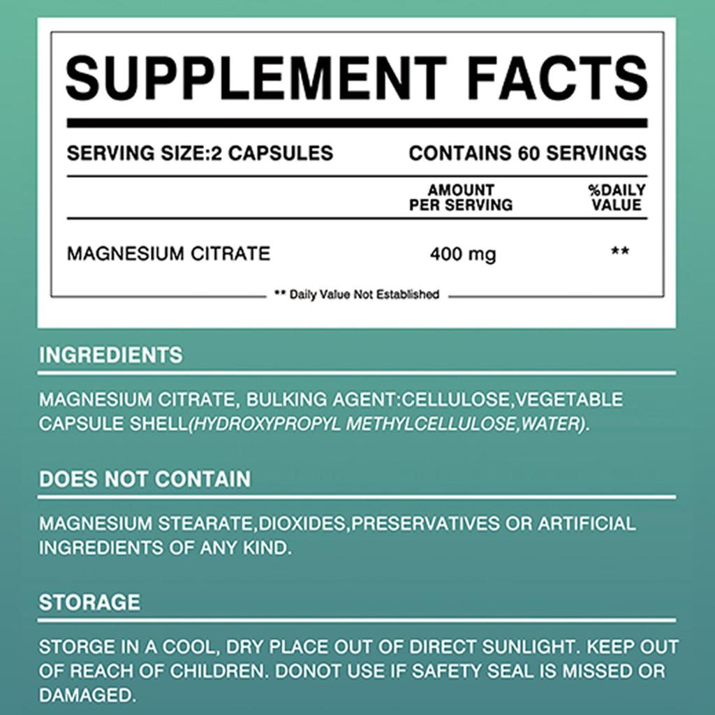 Magnesium citrate capsules, 400mg, magnesium supplement, adult dietary supplement, nutritional supplement.