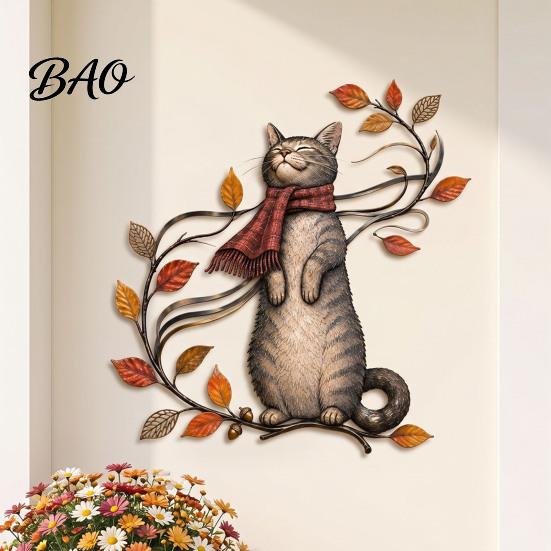 Fall Seasonal Focal Points Autumn Cat Metal Wall Decor, Tin Sign Plaque, Swing Decorative Displays Art Decoration for Thanksgiving Harvest Festival,