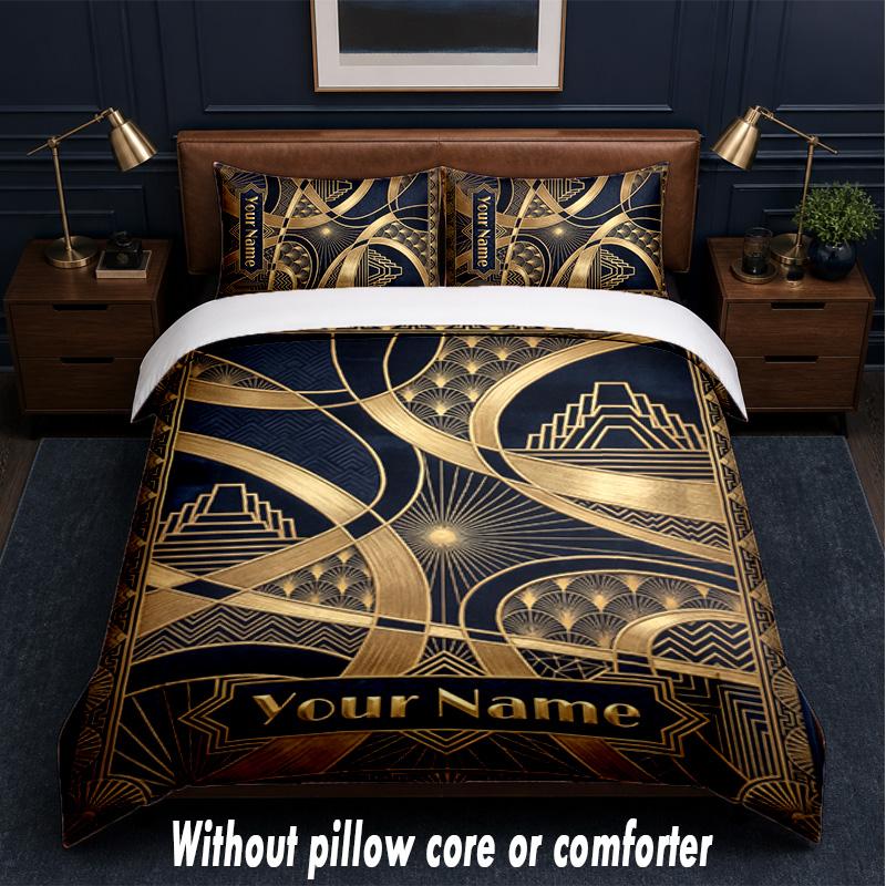 Art Deco Theme Custom Text Or Name 3Pcs Bedding Set,1 Flat Sheet & 2 Pillowcases Personalized Home Bedding