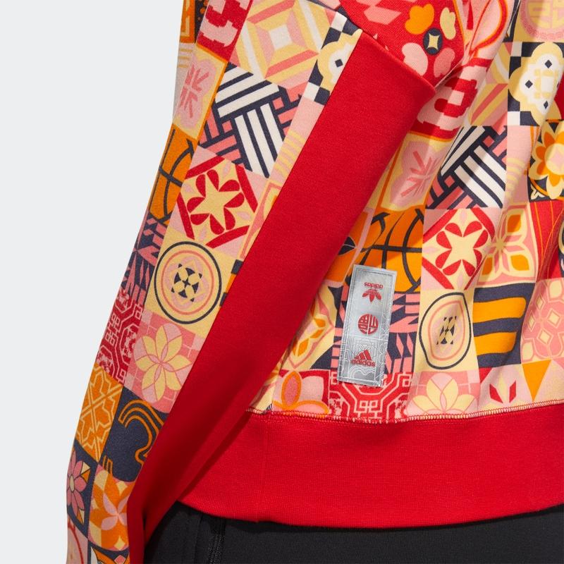 adidas Cny Новогодний геометрический узор с полным принтом, длинный рукав, толстовка с капюшоном, женская толстовка с капюшоном, красная HI3262