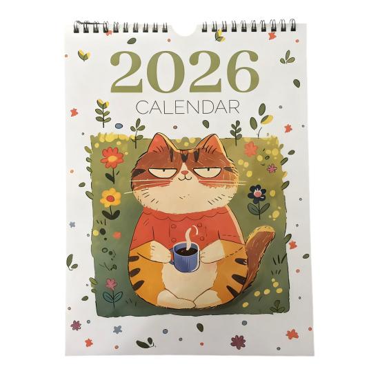 2026 Hand-Painted Cat Wall Calendar 12-Month Planner Feline Illustrations Thick Paper Calendar Gift for Pet Lovers