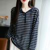 Early Autumn New Style Women's Color-blocked Striped Buttoned Base Layer Top, Hooded Long-sleeved Knitted Sweater