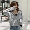 Женская куртка на молнии больших размеров, осенняя свободная куртка с капюшоном, короткий кардиган с длинным рукавом, толстовка