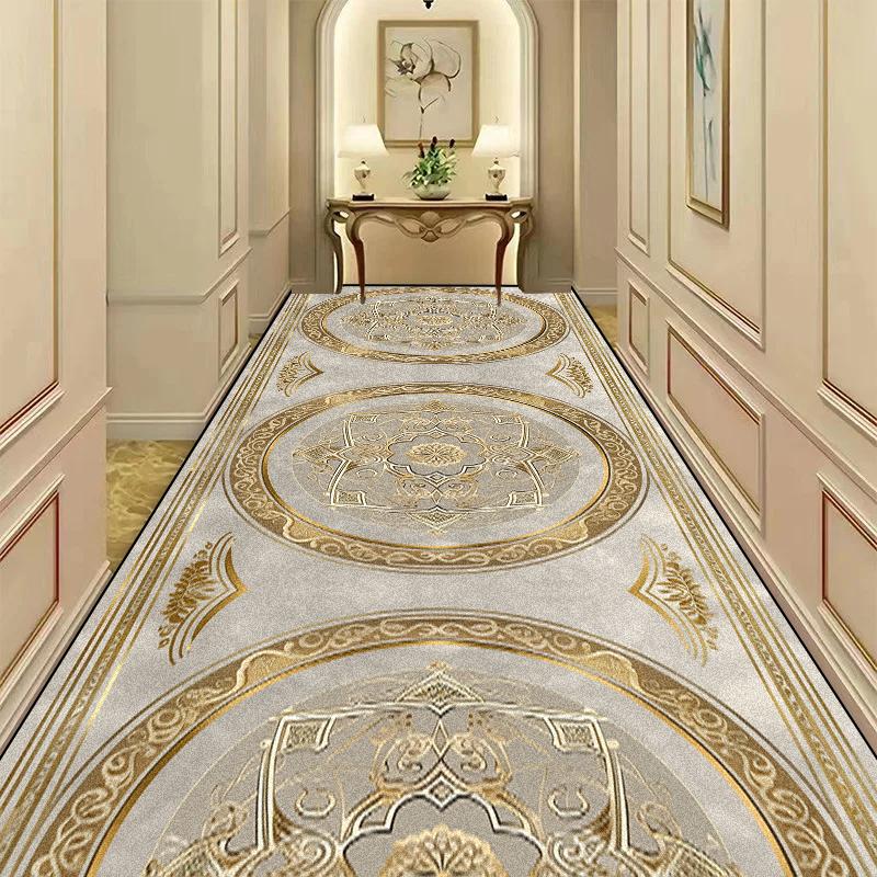 European Style Luxury Corridor Carpet Golden Stripes Decor Hotel Non-slip Runners Rugs Villa Stair Passageway Custom Long Mats
