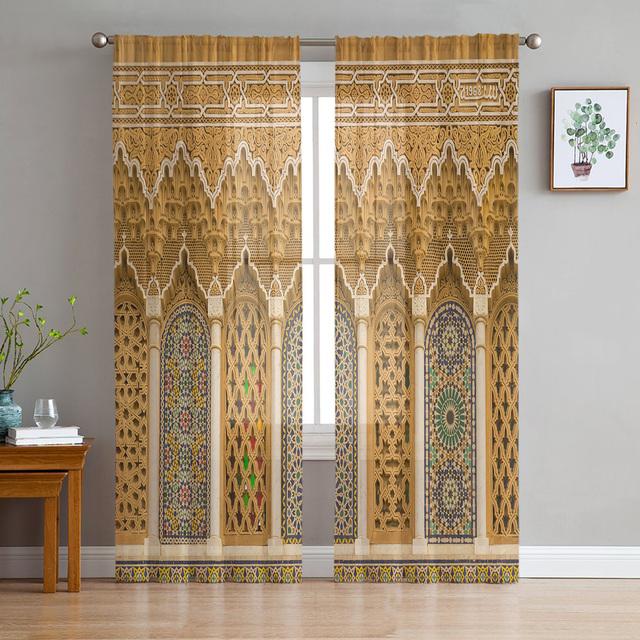 Morocco Gate Yellow Sheer Wall Curtain For Bedroom Tulle Voile Curtain For Kitchen Living Room Decor Window Treatment