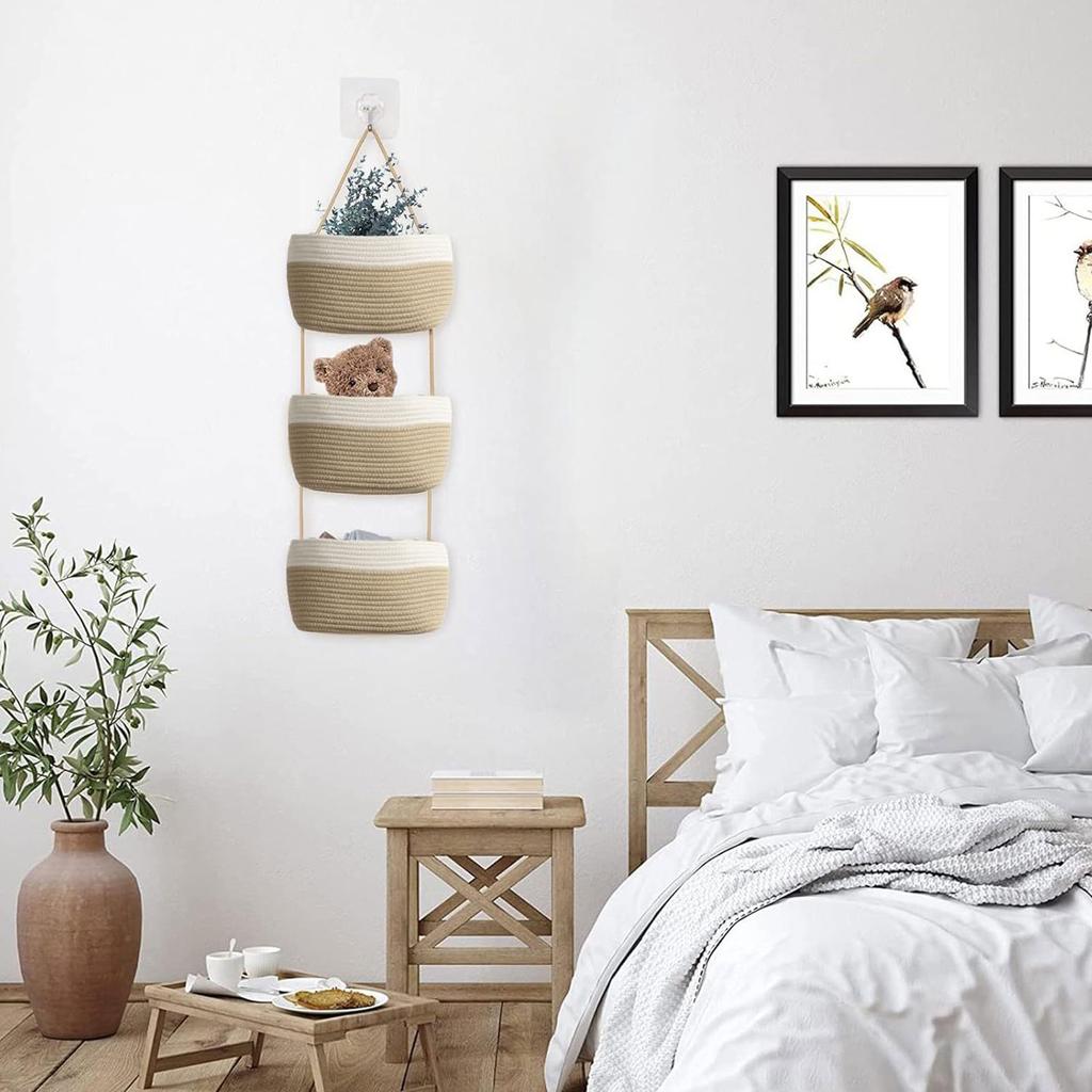 3 Tierd Hanging Basket Wall Mounted Storage Basket with Multiple Compartments Handwoven Fruit and Vegetable Organizer