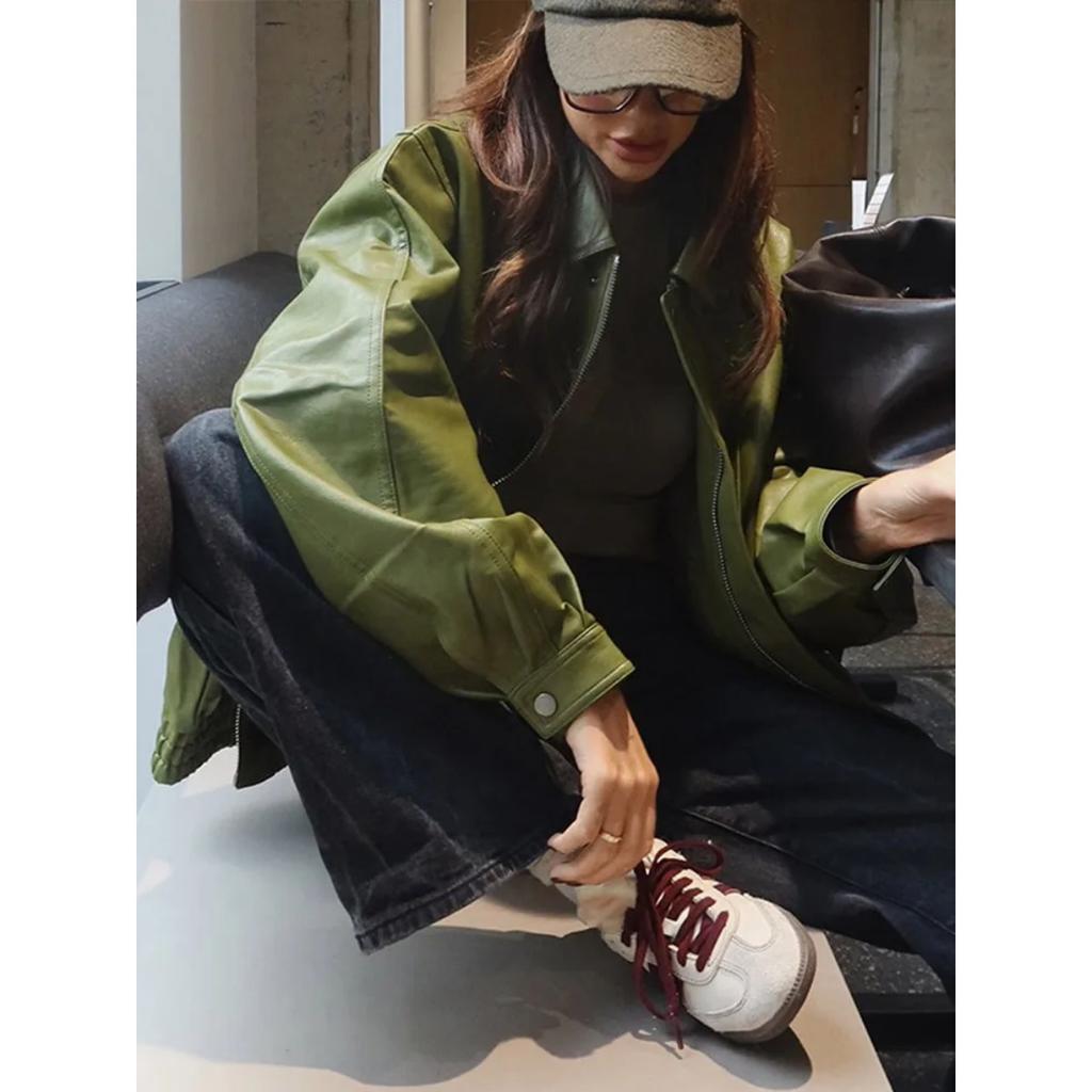 Оливково-зеленая кожаная куртка, пальто, силуэт, винтажный, уличный тренд, молния, лацкан, короткое пальто, свободный повседневный топ, верхняя одежда, осень