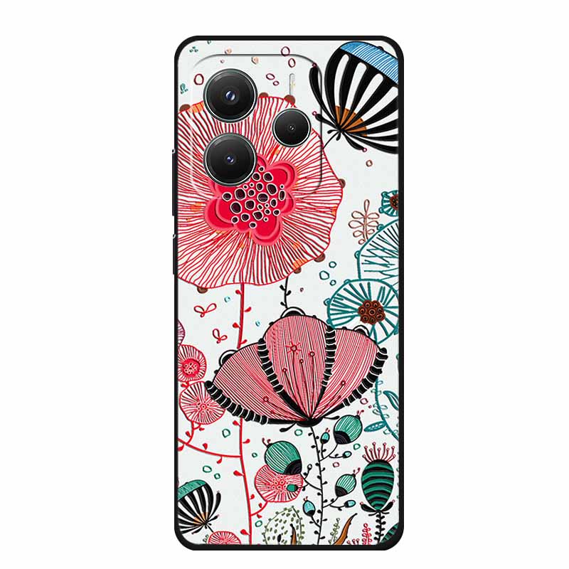 3D Emboss Case For Xiaomi Redmi Note 14 Phone Case Flowers Black Silicone Soft Back Cover Coque For Redmi Note 14 5G Global Case