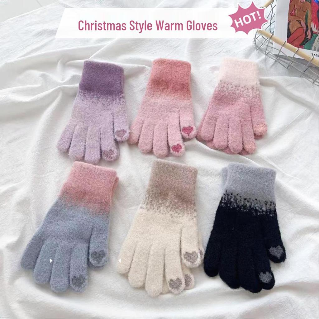 Женские зимние вязаные перчатки с сенсорным экраном - Толстые, теплые, на вельветовой подкладке, в рождественском стиле