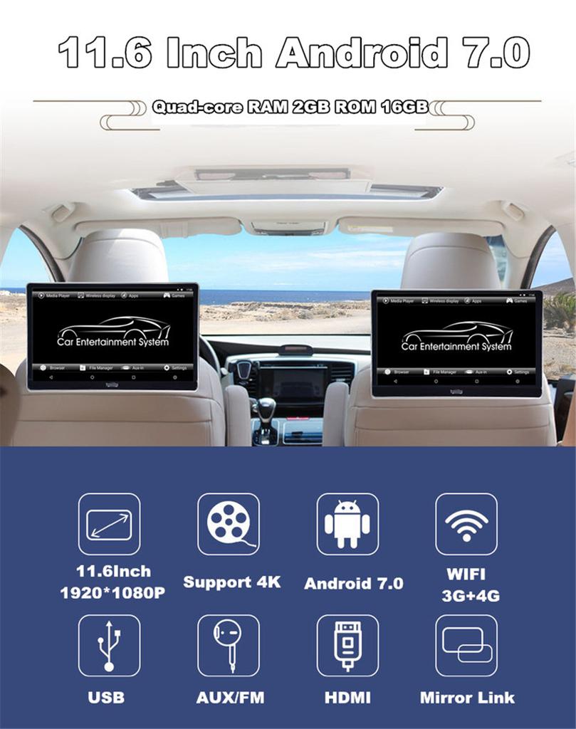 2 шт. 11,6-дюймовые HD 1080P Android 7.0 ОЗУ 2 ГБ ПЗУ 16 ГБ Четырехъядерный WIFI 3G/4G BT HDMI Mirror Link OBD TPMS FM Мониторы подголовников для задних сидений Сенсорный экран