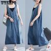 Женское дешевое синее джинсовое платье, женское летнее однотонное платье с v-образным вырезом, повседневное винтажное платье без рукавов с большими карманами, свободные джинсовые платья в стиле ретро.