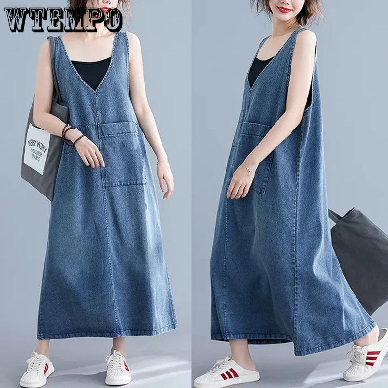 WTEMPO Женское дешевое синее джинсовое платье, женское летнее однотонное платье с v-образным вырезом, повседневное винтажное платье без рукавов с большими карманами, свободные джинсовые платья в стиле ретро.