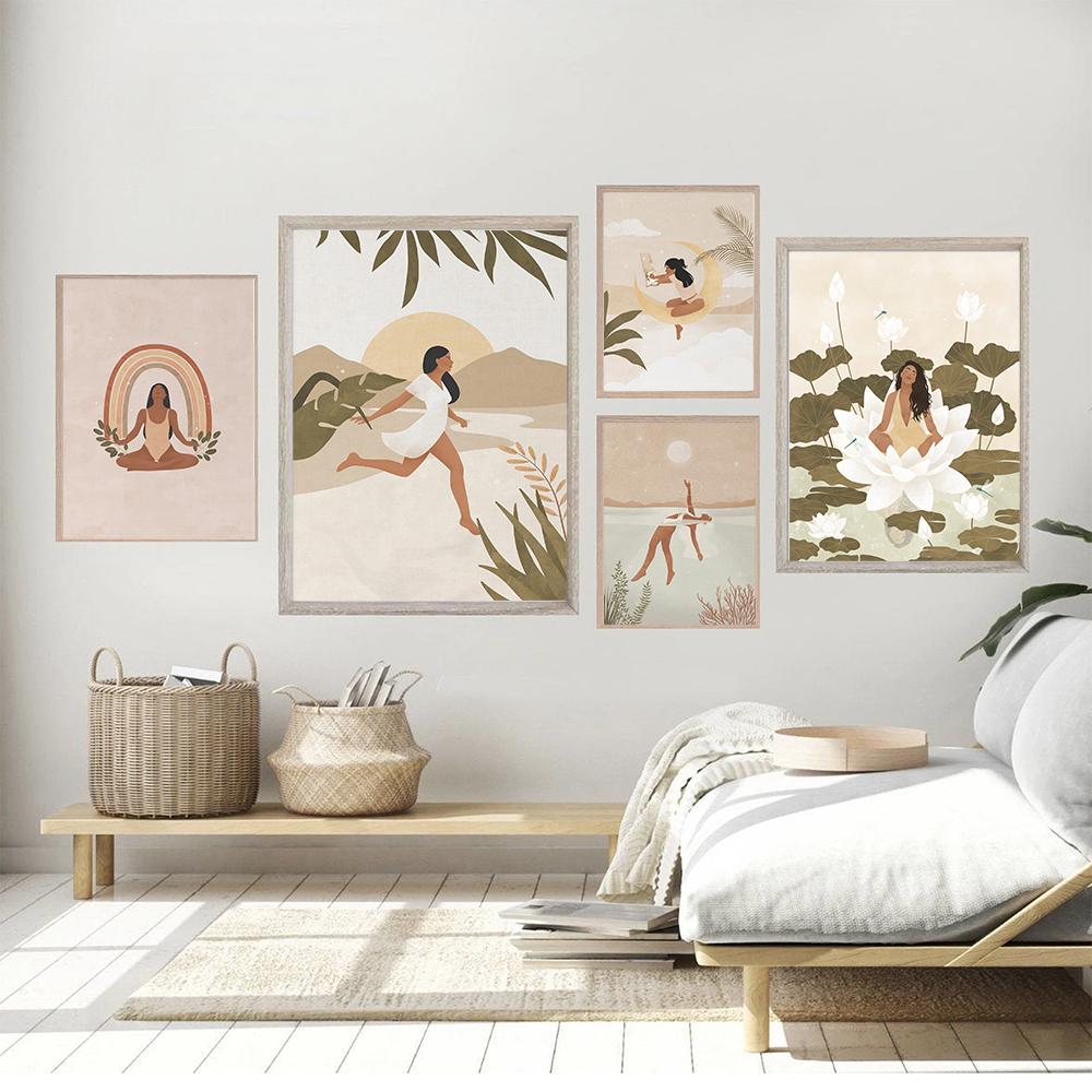 Бохо-земляные тона Полная луна Тропические растения Искусство Печать постера Йога Женщина Ведьма Минималистский женский холст Картина Комната Домашний декор