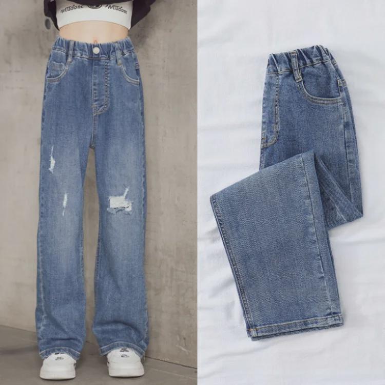 Весенние широкие джинсовые брюки для девочек 2022 года — корейский стиль, средние/большие размеры, идеально подходят для весны и осени