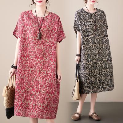Летнее ретро свободное женское платье средней длины