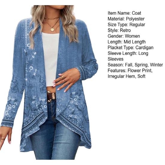 Женское осенне-весеннее пальто Vinage с цветочным принтом и открытой строчкой с длинным рукавом, неровный подол, свободная шаль в этническом стиле, женская куртка-кардиган средней длины, шаль