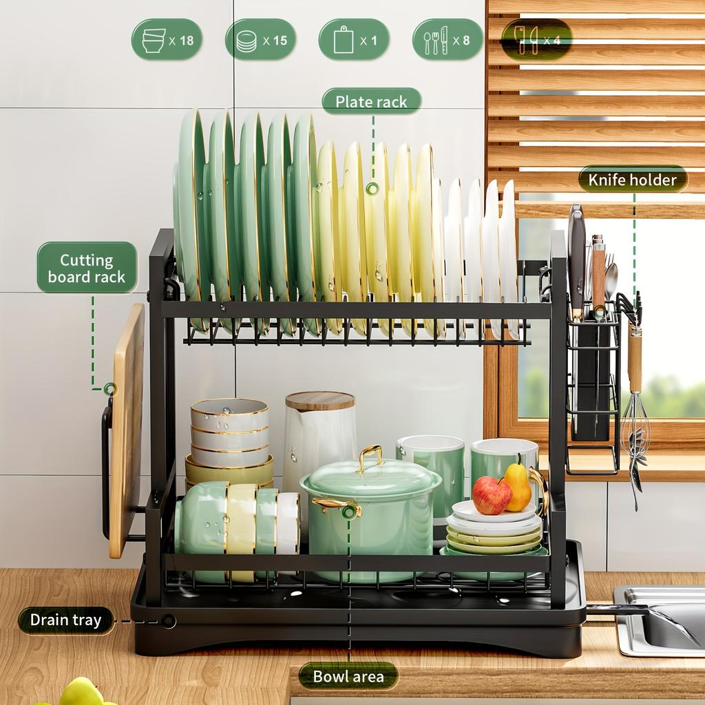 2-Tier Dish Rack with Utensils Holders, Cutting Board Holder, Anti-Rust Cutlery Holder and Drainboard for Kitchen Countertop
