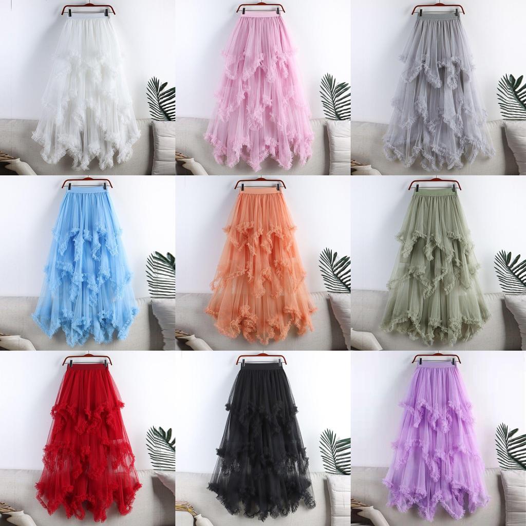 Princess Style Mesh Skirt With Ruffle Hem And High Waist For Summer Casual Wear