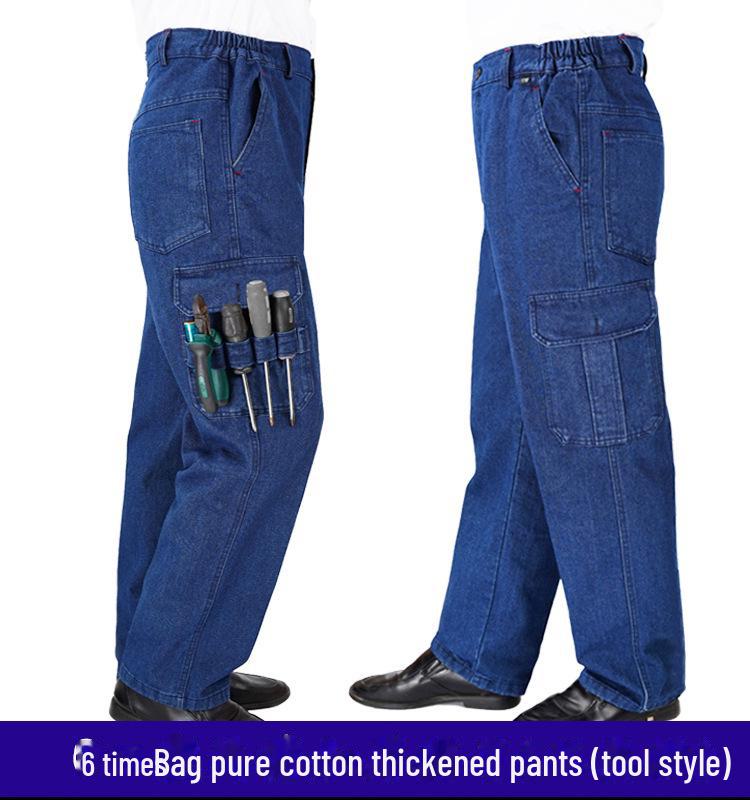Men's Thickened Denim Multi-Pocket Welding Overalls - Durable, Loose-Fit, Pure Cotton Labor Protection Pants