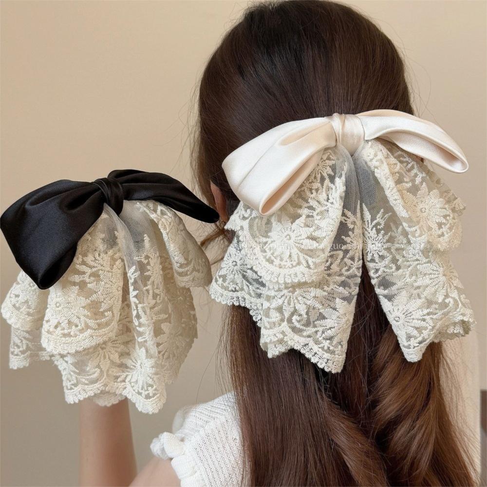 Retro Ponytail Hair Clip Embroidered Mesh Headwear Fashion Bow Hair Claws  Hair Accessories